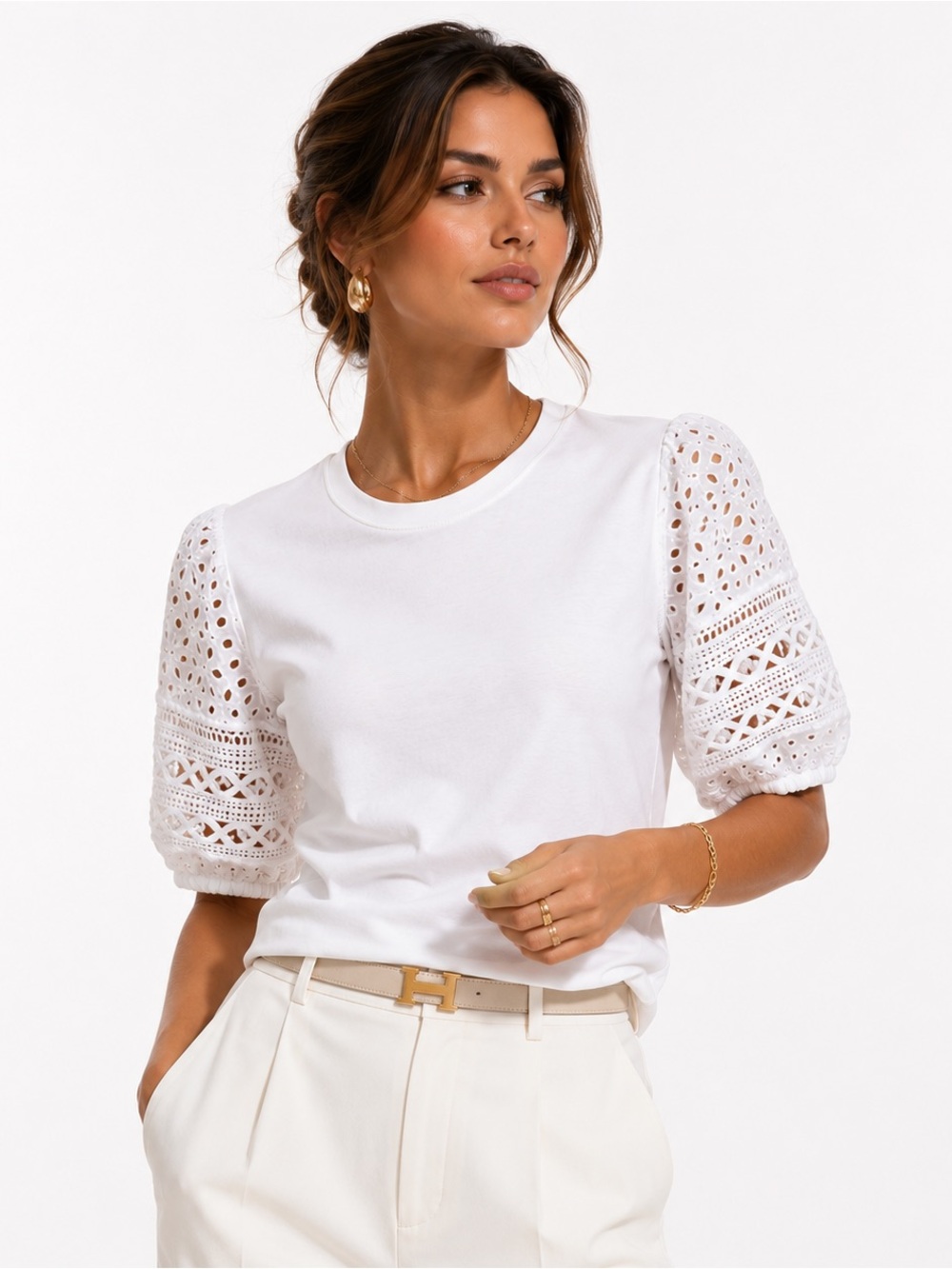 French Connection White Eyelet Puff Sleeve Top